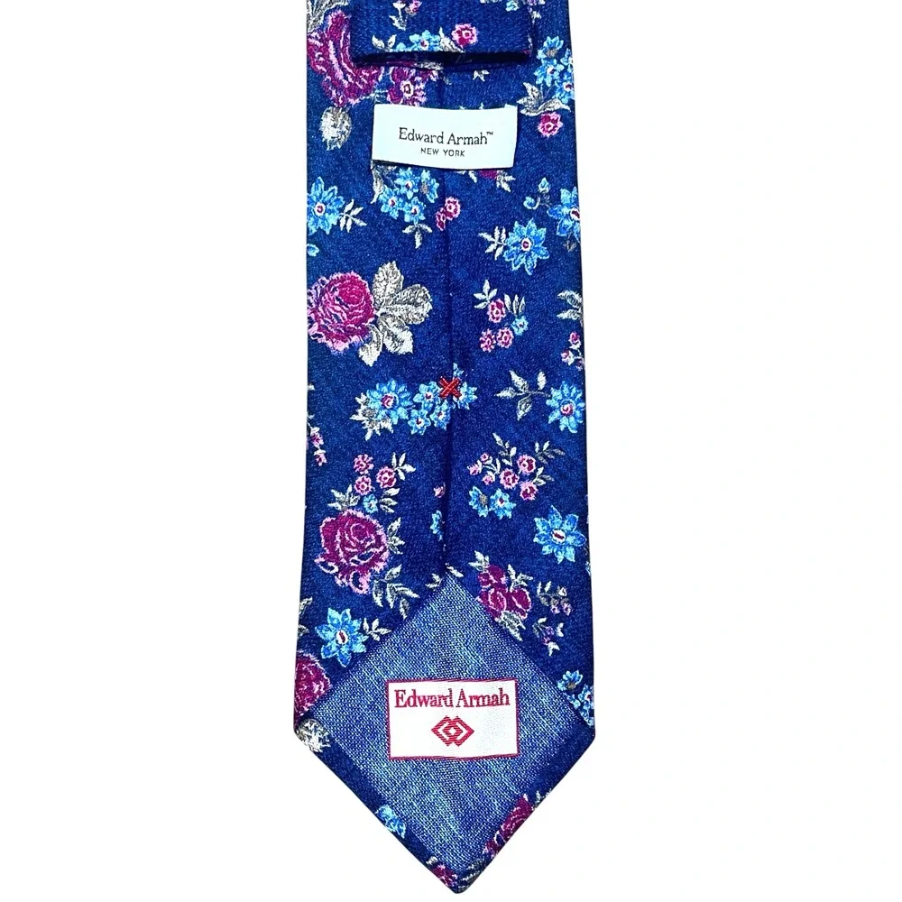 Edward Armah Extra Long Necktie 100% Silk Navy Diamante Print Florals Italy Made